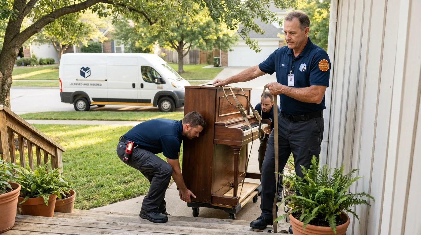 Licensed piano movers securing grand piano in Key Largo, FL