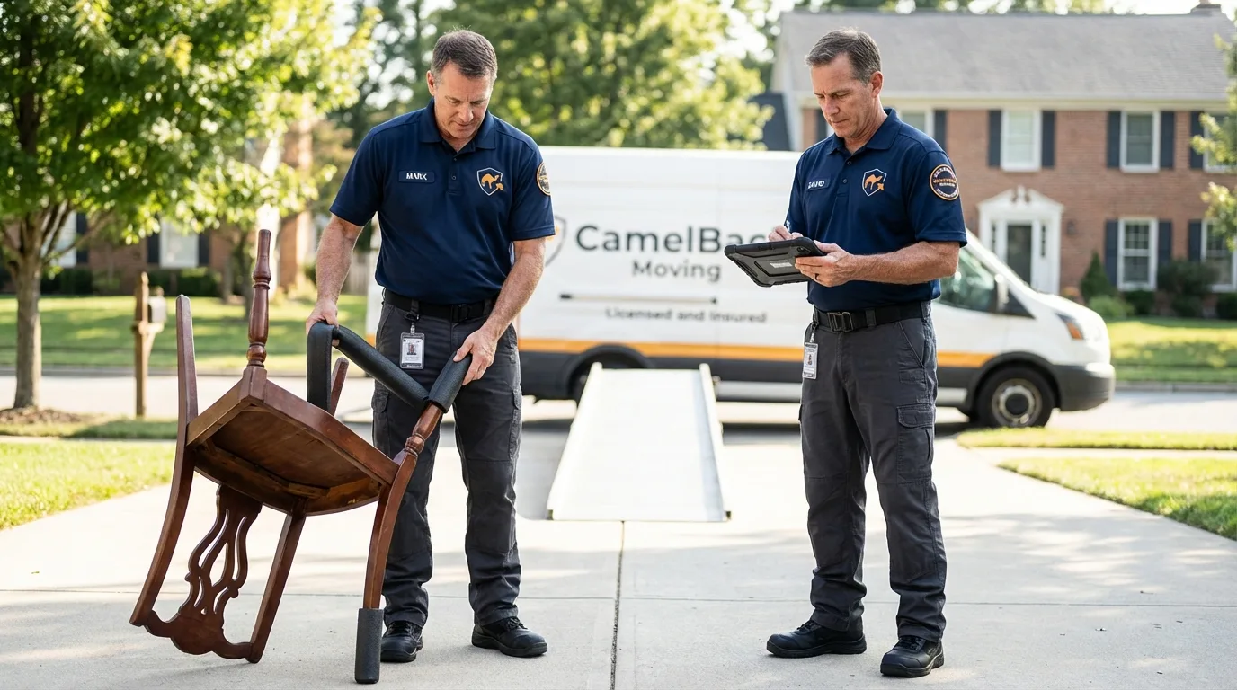 Movers inspecting furniture for damage prevention before loading in Key Largo, FL